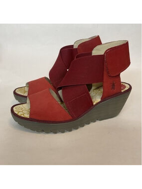 Fly London YUBA Red Mousse Leather Crossover Wedge Sandals Women 39/US8.5